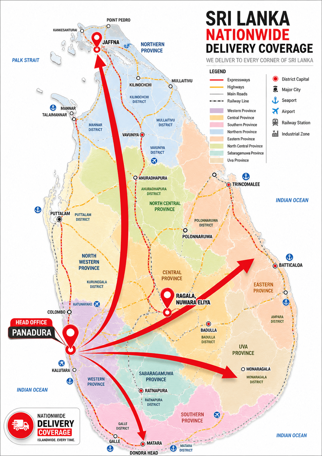 Map of Sri Lanka showing Maxlong nationwide delivery coverage, with workshops marked at Panadura (head office), Ragala in Nuwara Eliya, and Jaffna, and delivery routes reaching every province