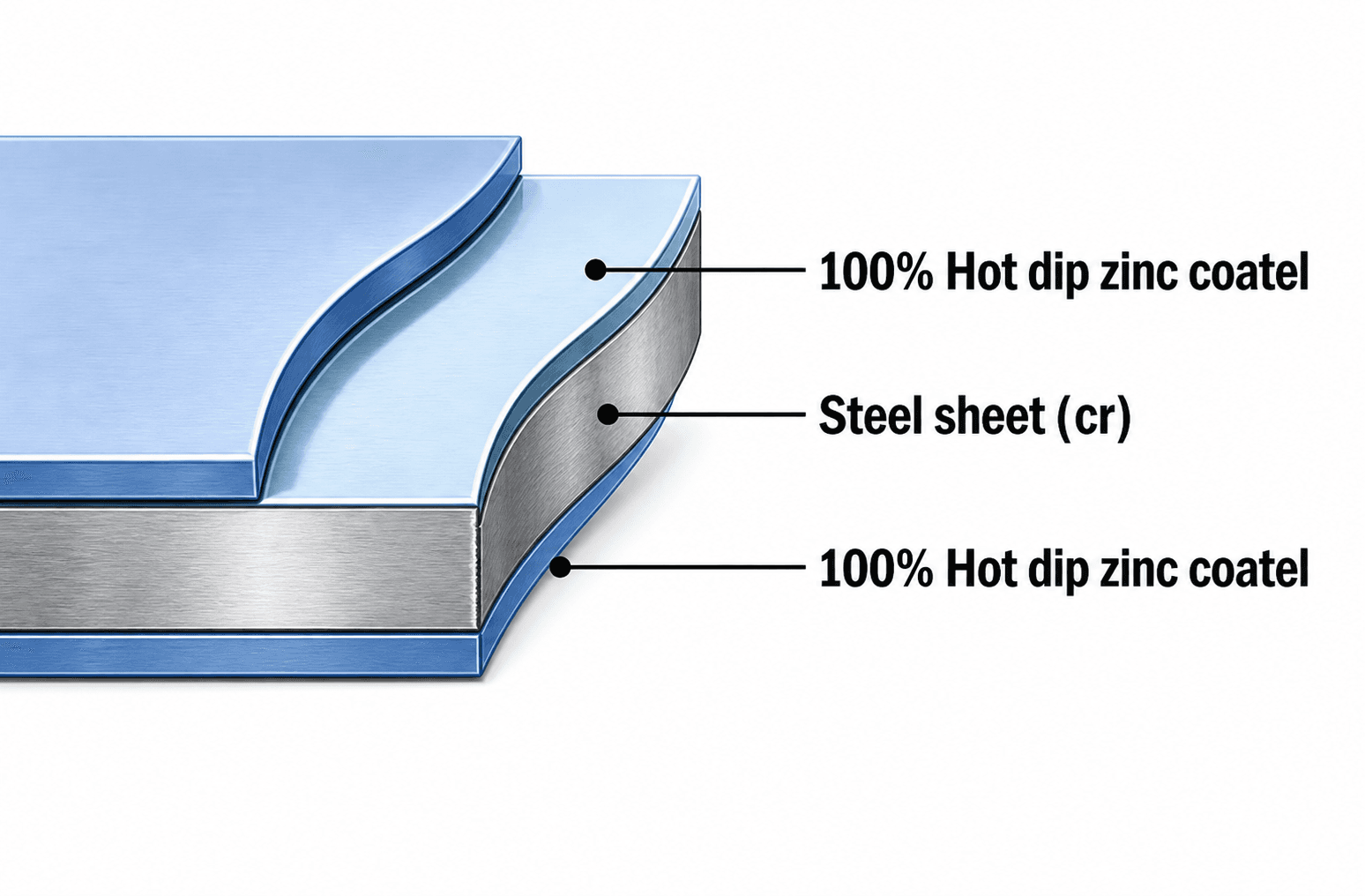 Cross-section of a Maxlong hot dipped galvanized sheet: 100% hot dip zinc coating on both faces of a cold rolled steel sheet